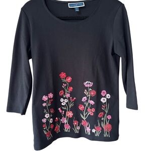 Karen Scott Black Top with Flower/Stem Embroidery